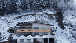 A modern two-story house with a flat roof, large windows, and a wooden deck. - Apartment Nina by Interhome (Hippach)