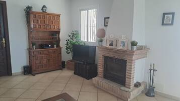 TV, fireplace, books, stereo