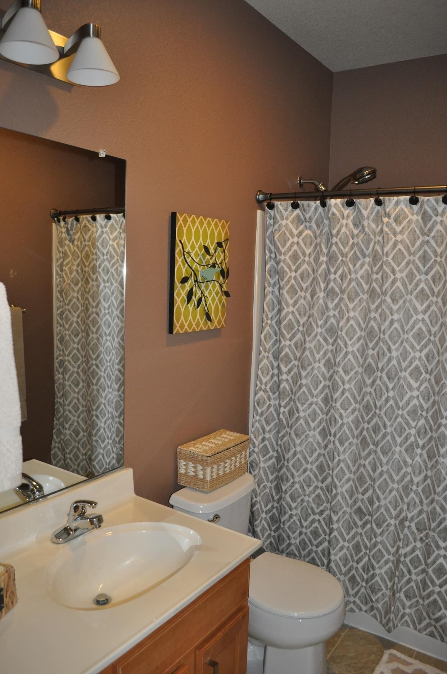 A bathroom with a white sink, a toilet, a shower curtain with a geometric pattern, and a wall-mounted mirror.