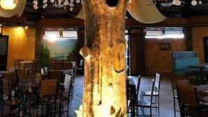 A tree with hanging ornaments in a dining area with wooden chairs and tables. - Grace Island Resort by Cocotel (San Jose)