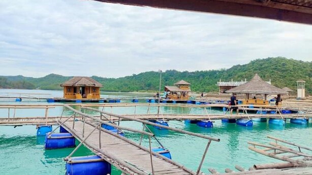 A floating structure with multiple platforms and boats, connected by wooden walkways. - Grace Island Resort by Cocotel (San Jose)