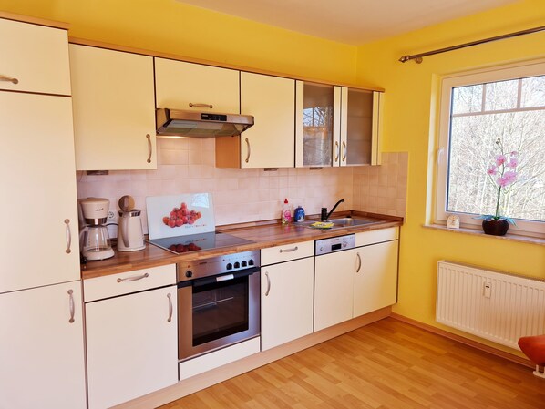Fridge, oven, dishwasher, coffee/tea maker