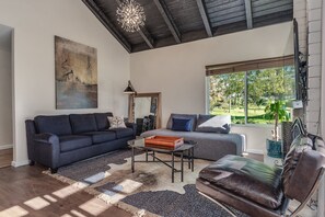 Smart TV, chimenea y libros 