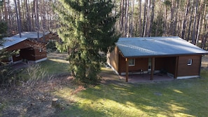 Une cabane avec un toit en métal, entourée d’une forêt.