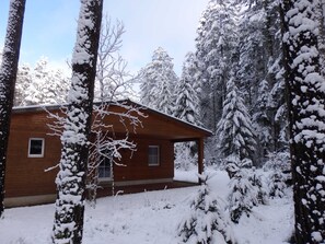A wooden cabin surrounded by snow-covered trees.
