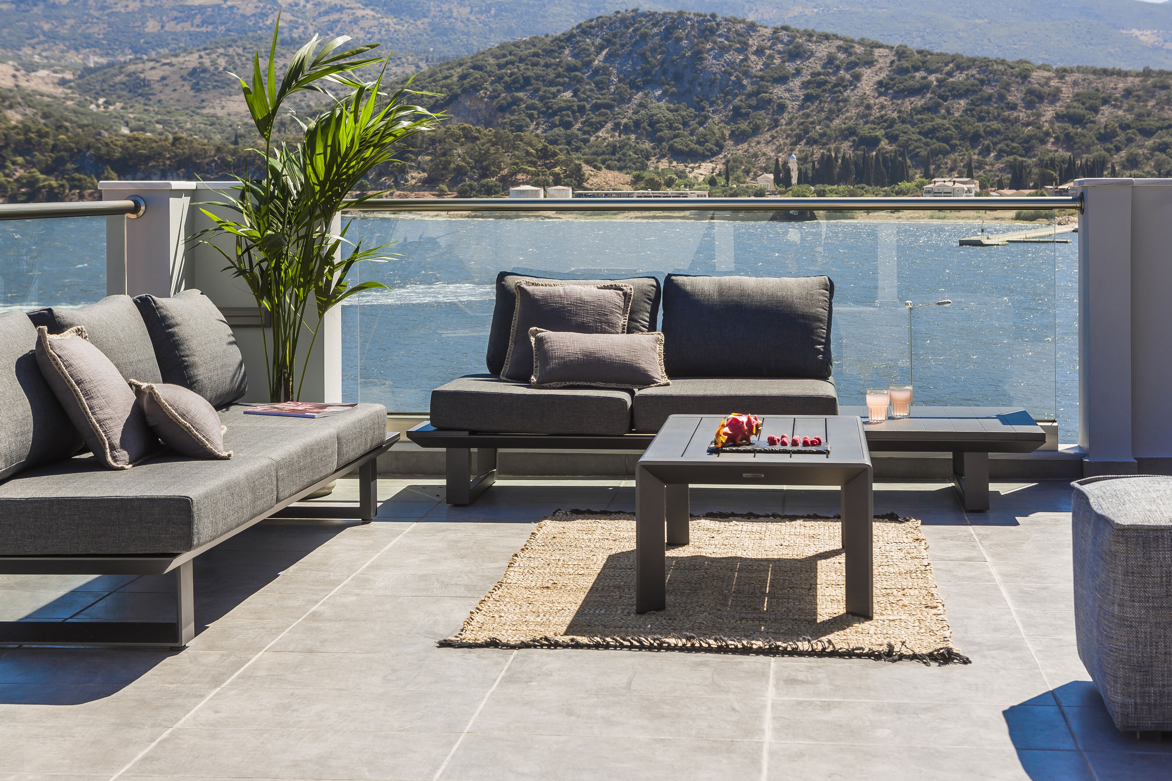 A terrace with a sofa, a coffee table, and a potted plant.