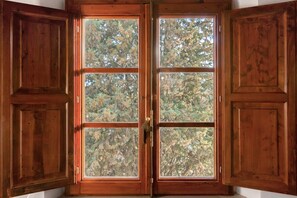 A wooden door with glass panels, a brass handle, and a view of trees outside.