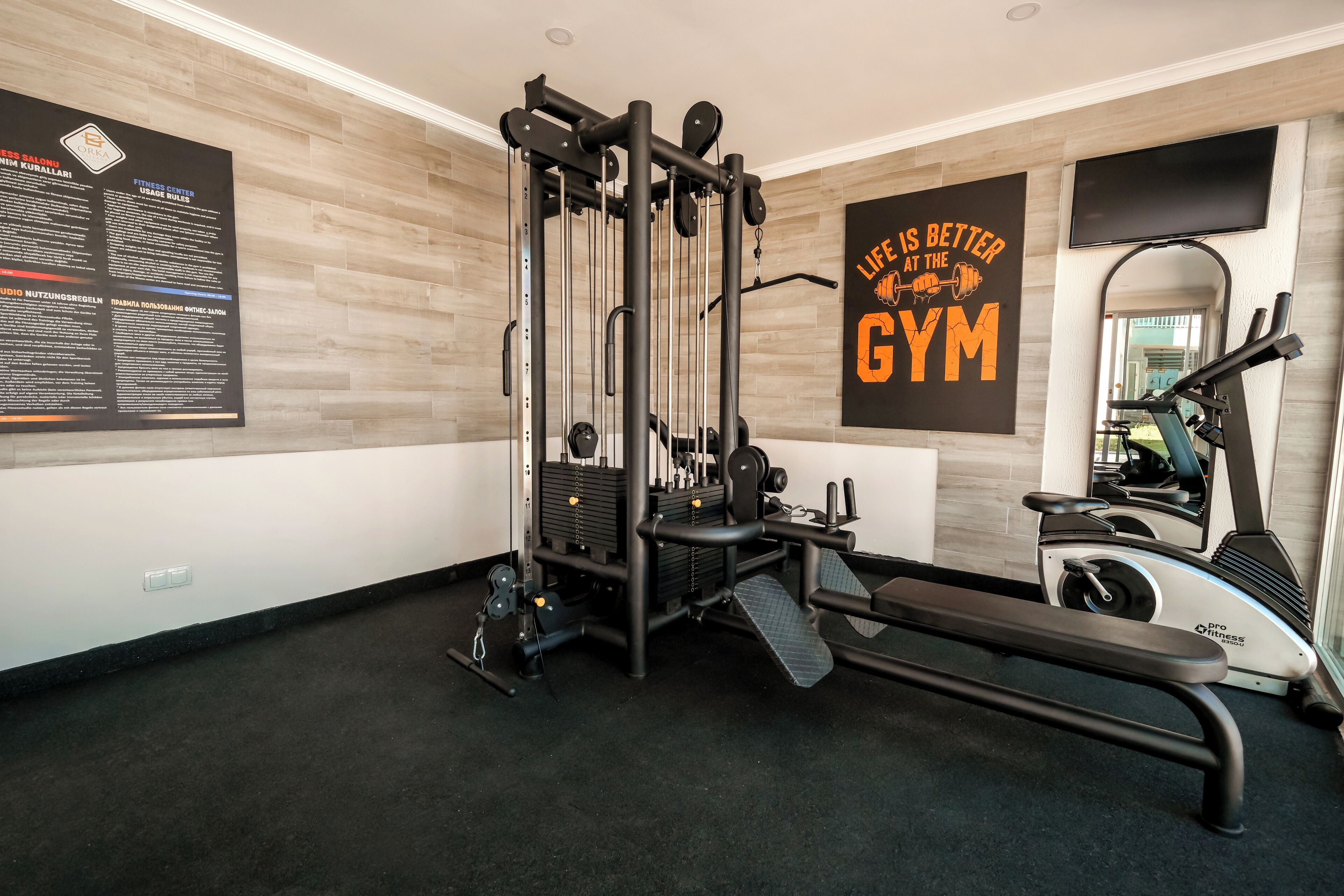 A gym with a pull-up bar, a bench, and a stationary bike.