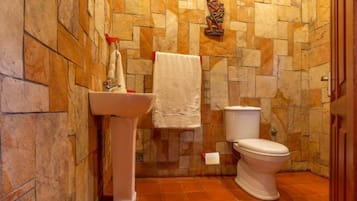 Shower, rainfall showerhead, towels, soap