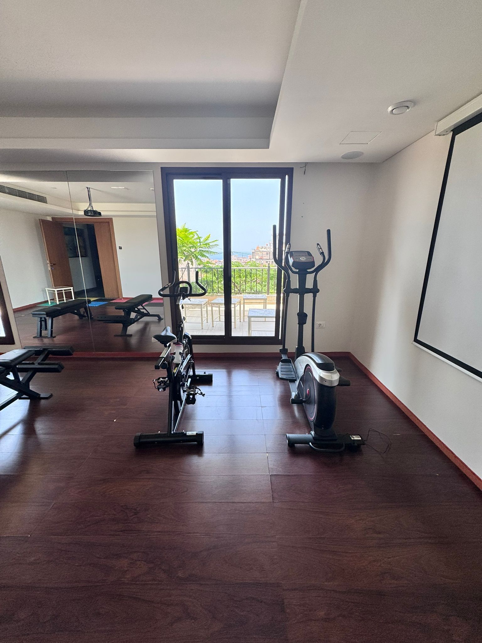 Een fitnessruimte met trainingsapparatuur, een groot raam en uitzicht op het buiten.