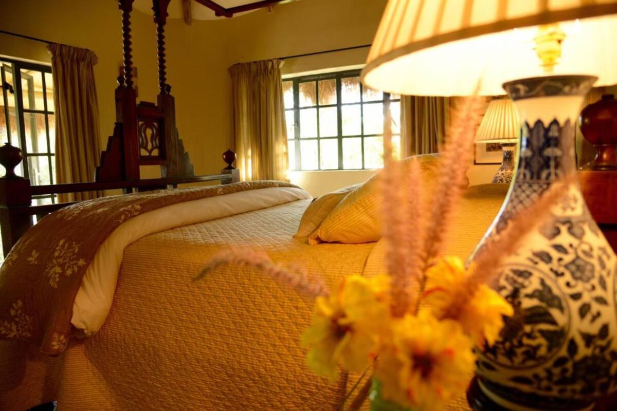 Une chambre d’hôtel avec un grand lit, un fauteuil suspendu et une lampe avec un vase décoré de motifs floraux.