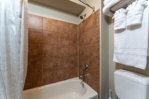 Combined shower/tub, hair dryer, towels