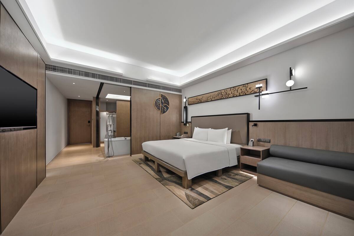 Une chambre d’hôtel moderne dotée d’un grand lit, d’un canapé, d’une télévision et d’un dressing.
