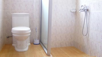 Combined shower/tub, towels, soap, shampoo