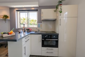 Coffee/tea maker, fridge, microwave, oven