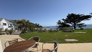 A patio with a table and chairs, a grassy area with picnic tables, and a view of the ocean.