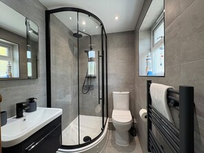 A modern bathroom with a glass-enclosed shower, a toilet, and a sink. - Panoramic Sea Views from this 2 Bedroom Cornish Townhouse (Torpoint)