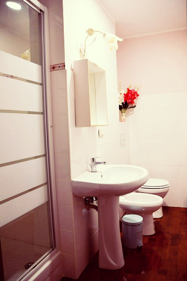 Un baño con un lavamanos blanco, un espejo, un inodoro y una ducha.