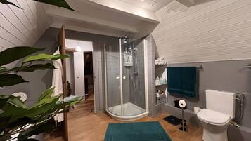 Combined shower/tub, hair dryer, towels, soap
