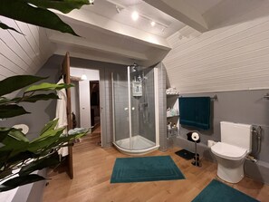 Ensemble douche/baignoire, sèche-cheveux, serviettes fournies, savon