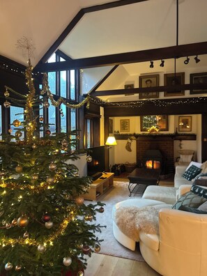 Un salón acogedor con un árbol de Navidad decorado, una chimenea y un ventanal grande.