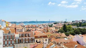 Une zone urbaine densément construite, caractérisée par une architecture traditionnelle, avec un pont imposant en arrière-plan et une étendue d’eau.