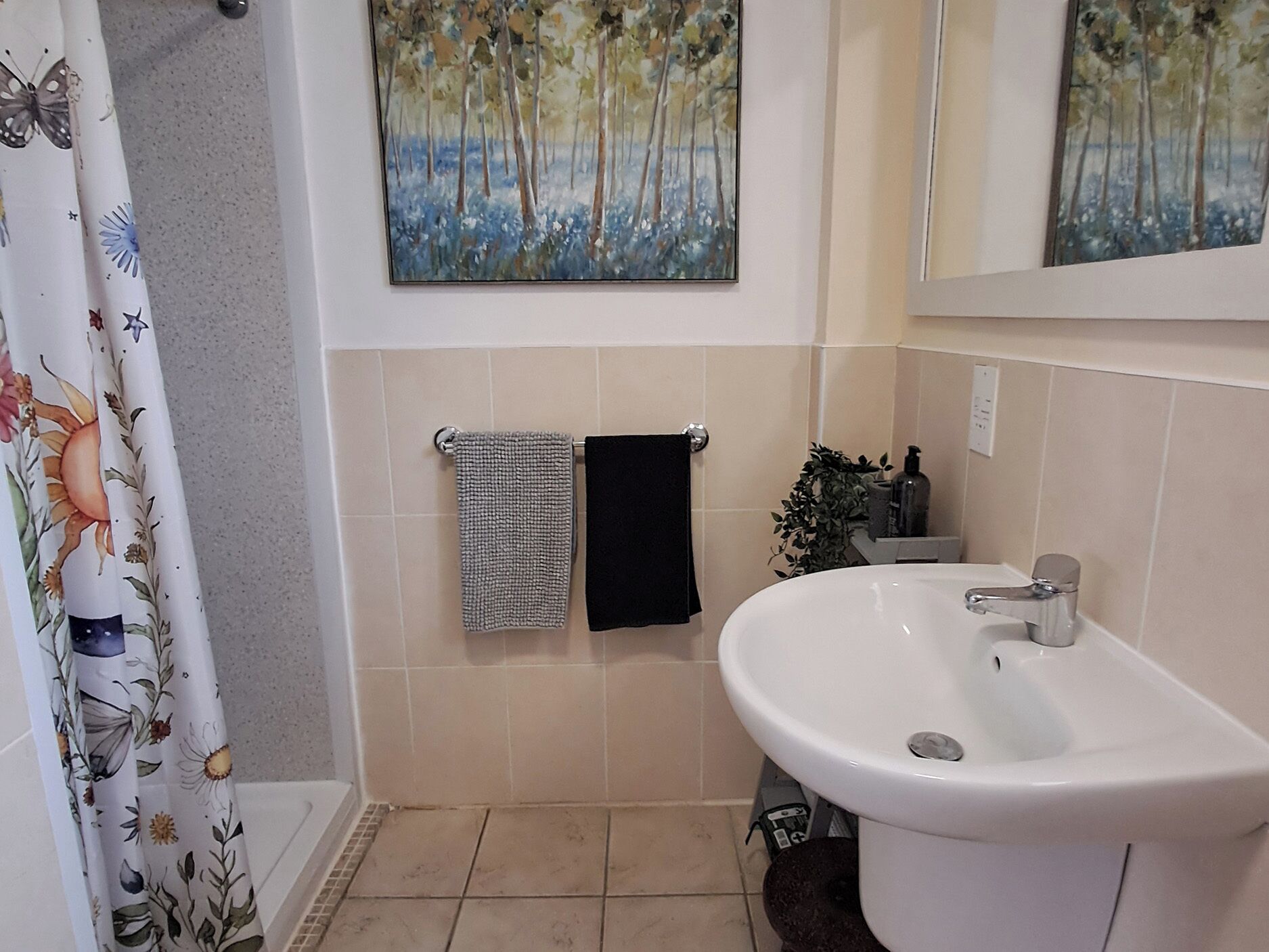 Une salle de bain avec un rideau de douche, un lavabo, un miroir et deux tableaux accrochés au mur.