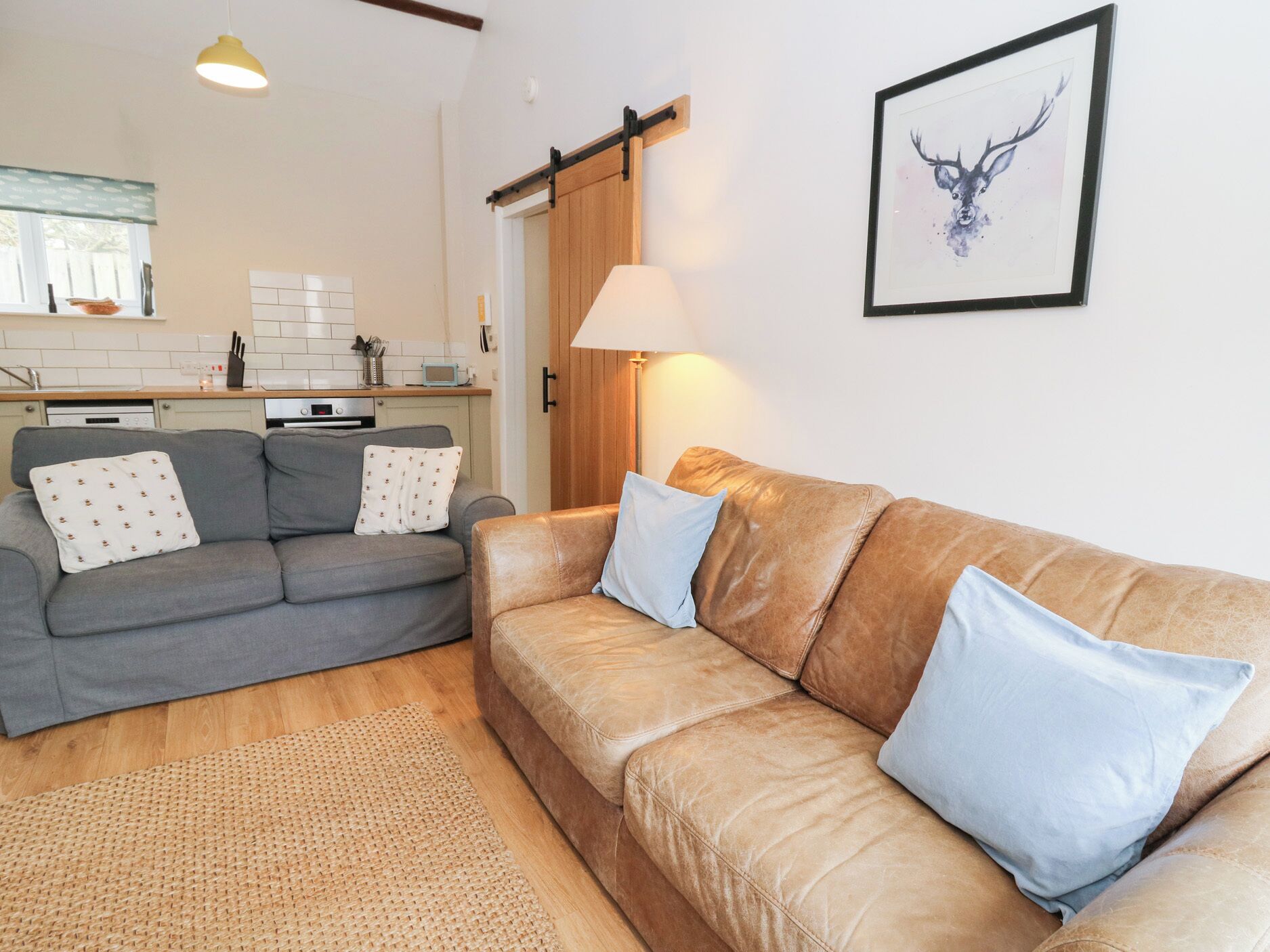 A living room with a grey sofa, a brown leather sofa, and a woven rug.