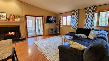 Smart TV, fireplace, video games, DVD player