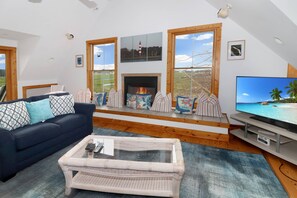 TV, lareira, DVD player, livros