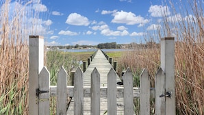 Une promenade en bois menant à un plan d’eau, entourée de hautes herbes.