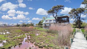 Une maison dotée d’un toit végétalisé et d’un balcon, entourée d’une terrasse en bois et de hautes herbes.