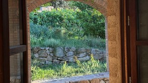 An open doorway with a stone archway leading to a lush garden. - L'Ombria – Charming Villa with a Private Pool (Belgodère)