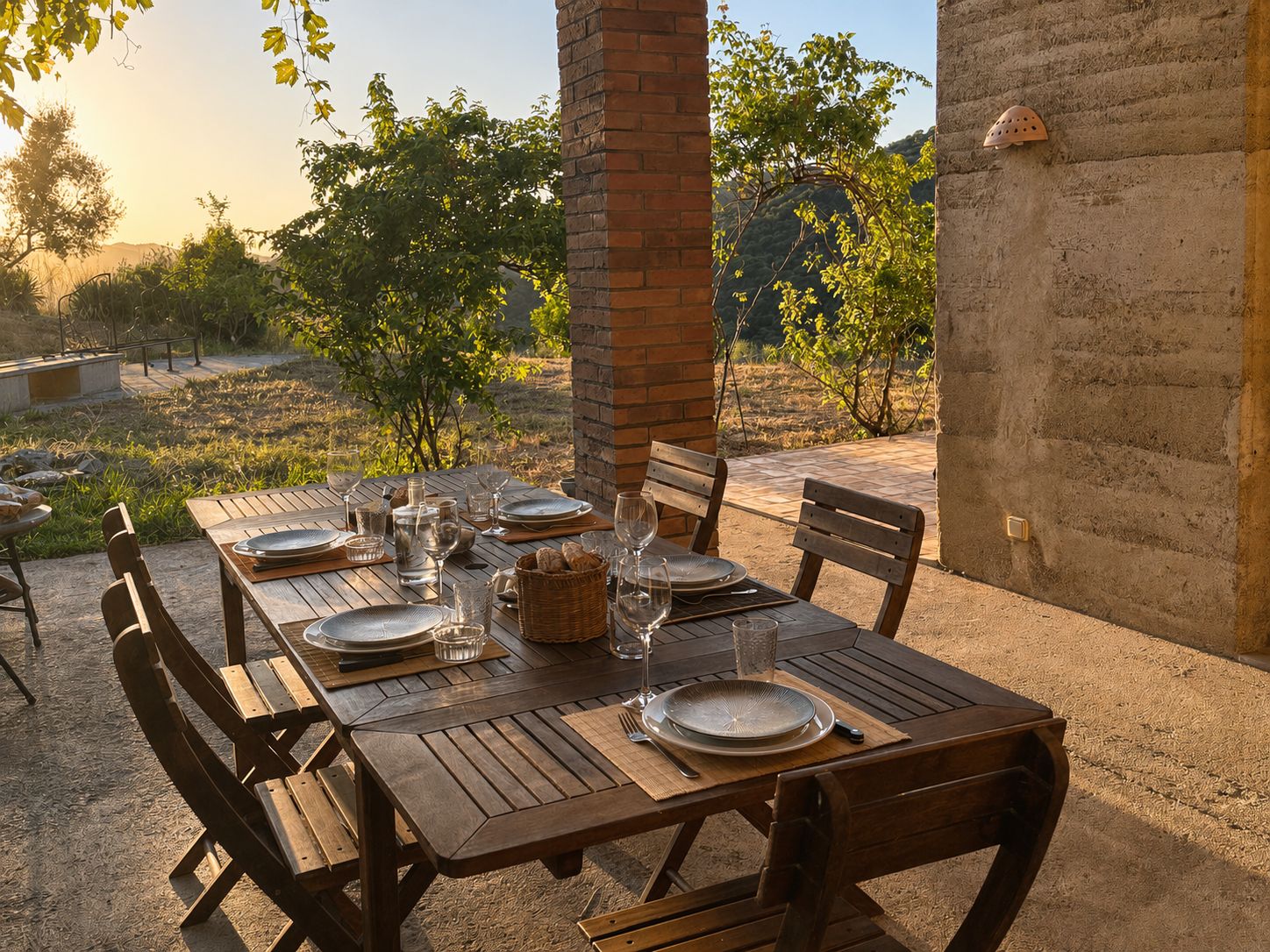 An outdoor dining area with a brick wall, wooden table, and chairs.