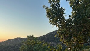 A glass table with a drink, snacks, and a knife, set outdoors with chairs and a view of a hilly landscape. - L'Ombria – Charming Villa with a Private Pool (Belgodère)