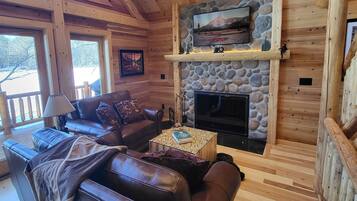 Smart TV, fireplace, books, stereo