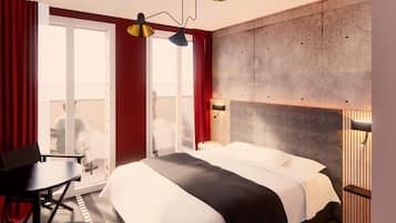 Desk, laptop workspace, blackout drapes, soundproofing