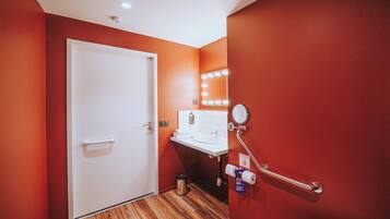 Un baño con una puerta blanca, un lavabo con espejo y un pasamanos.