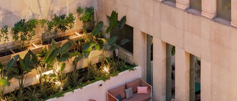 Terraza en la azotea con mobiliario exterior, plantas y vista de la fachada del edificio.