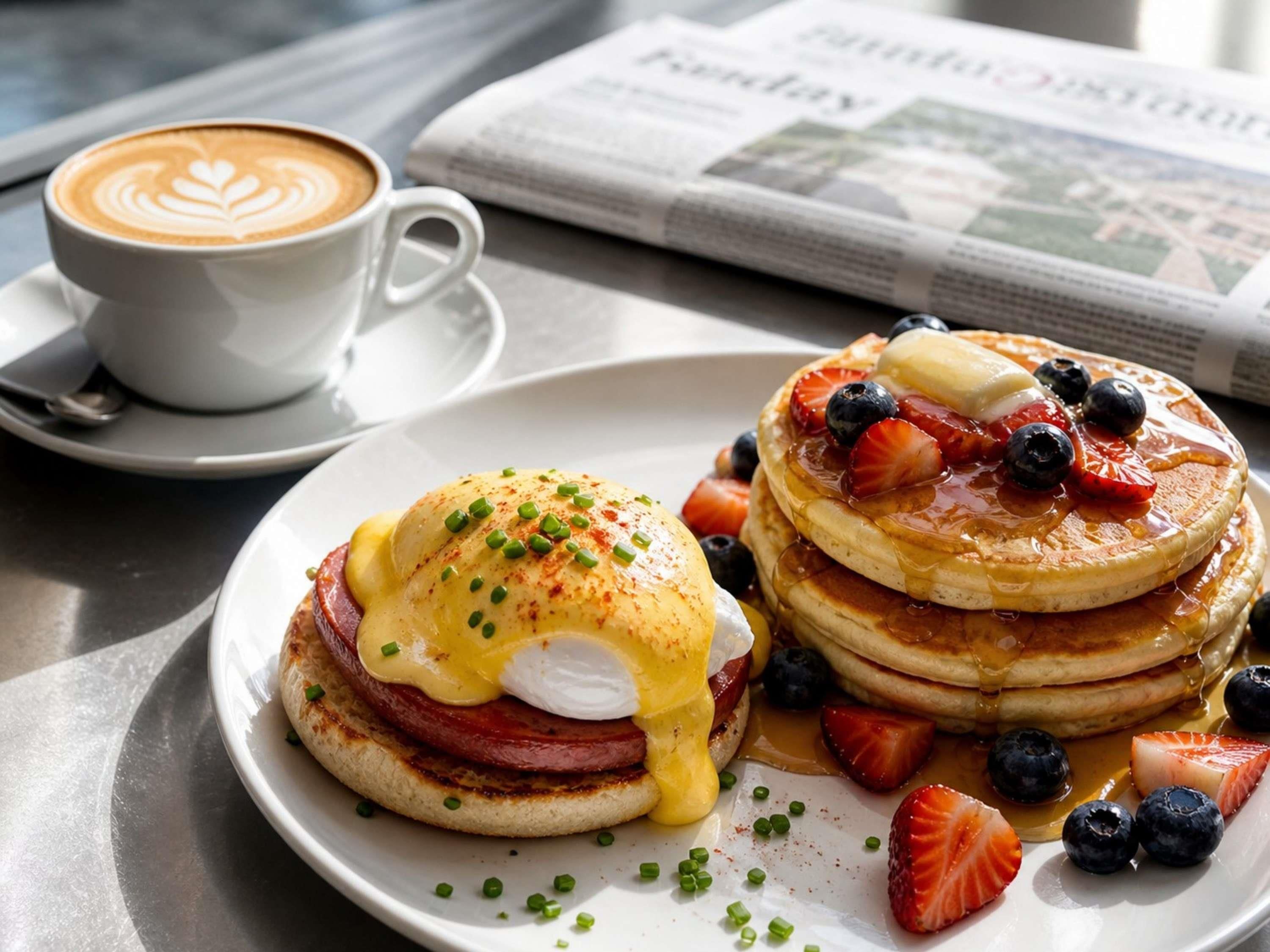 Ein Frühstücksteller mit Eggs Benedict und Pfannkuchen, eine Kaffeetasse und eine Zeitung.