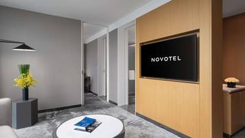 Minibar, desk, laptop workspace, blackout curtains