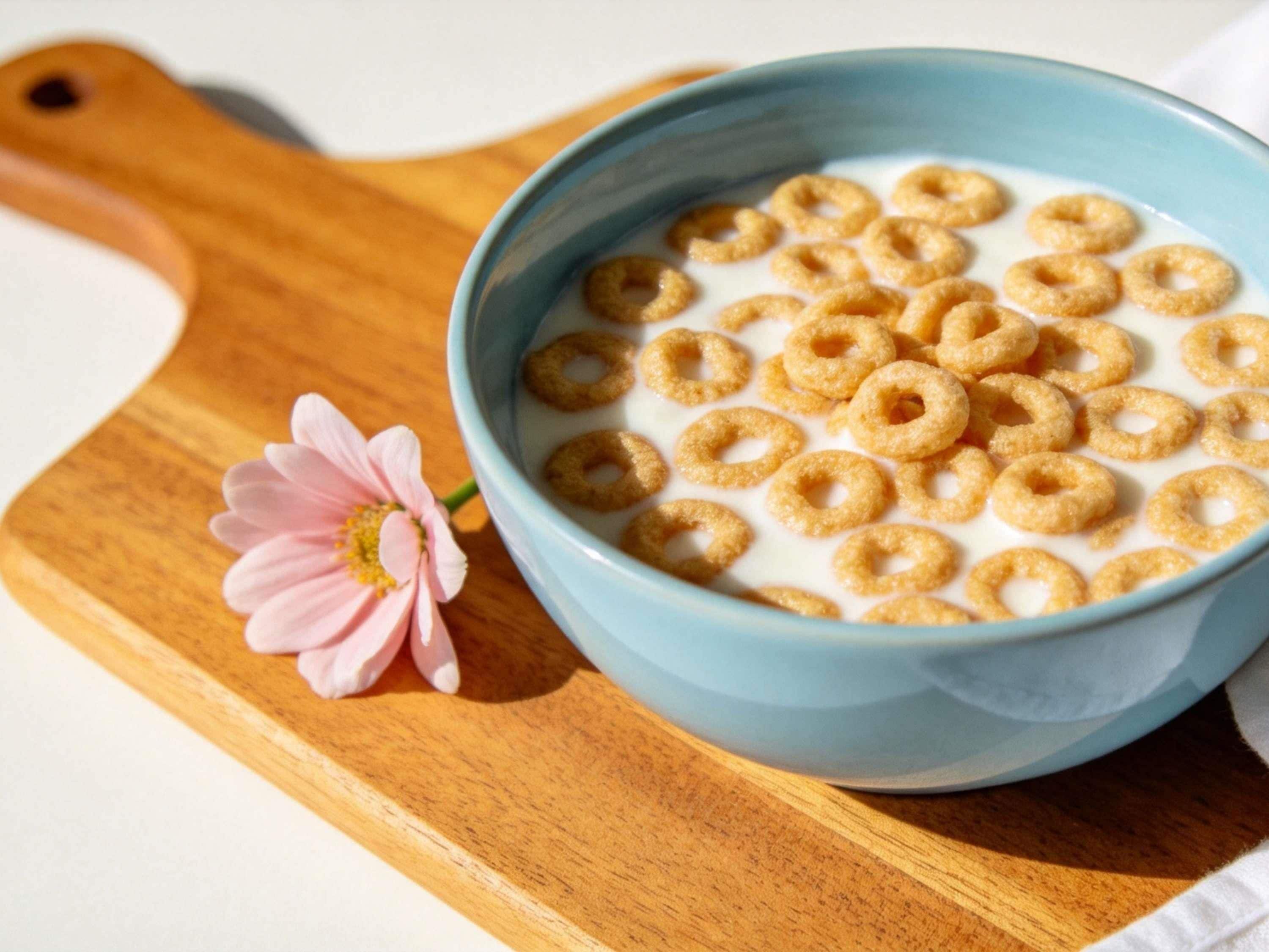 A bowl of cereal with milk on a wooden board.
