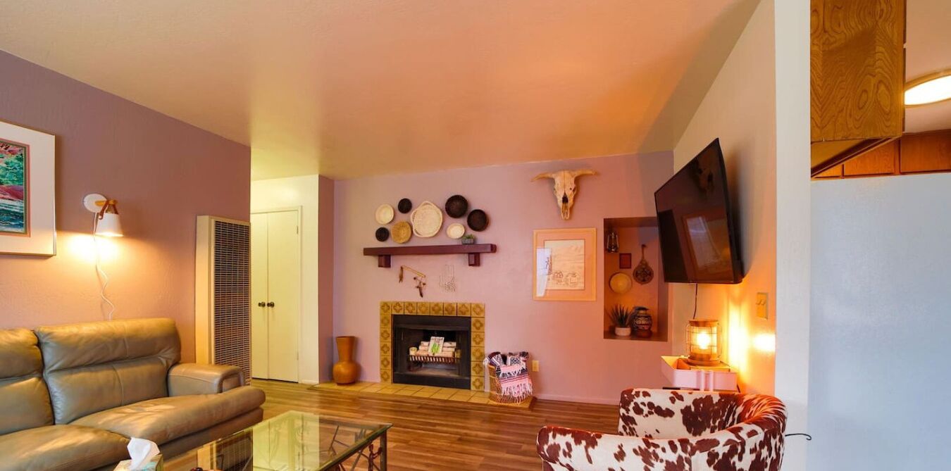 Smart TV, fireplace, books