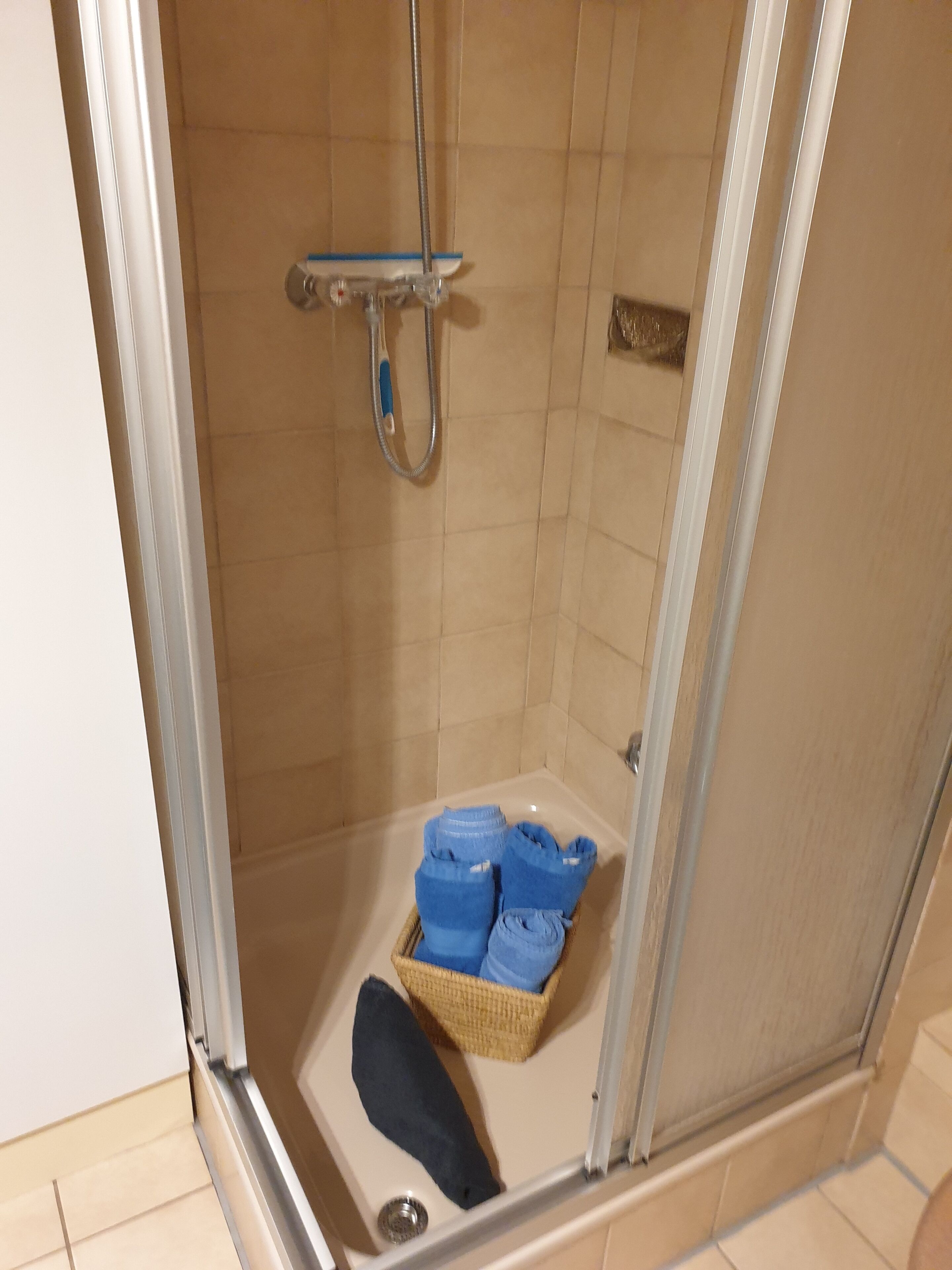 Suihkutilassa on metallinen suihkupää, lasiseinällä varustettu suihku sekä kori, jossa on siististi taiteltuja pyyhkeitä.