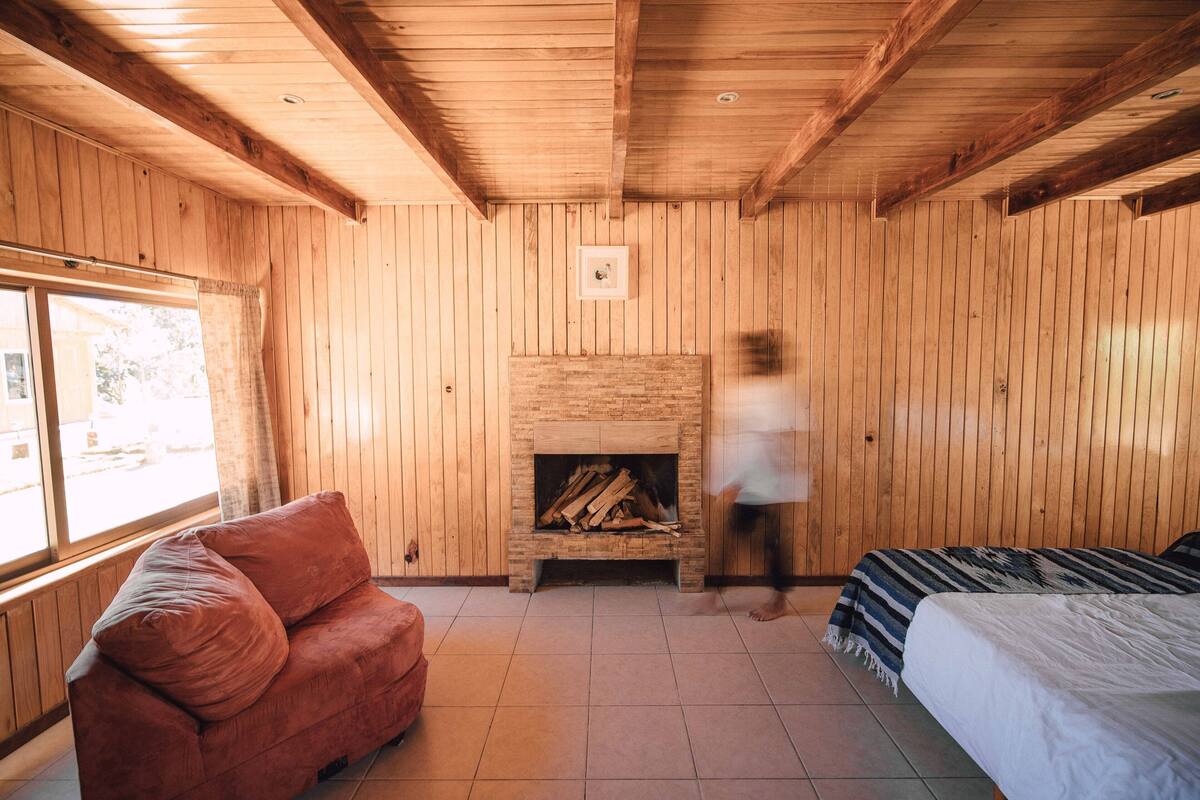 Une pièce aux murs lambrés, avec une cheminée, un canapé et un lit.