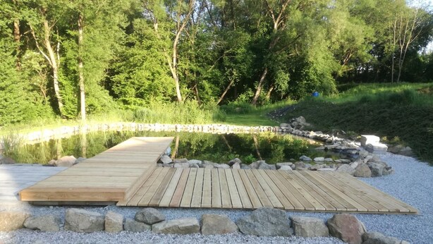 Un pontile di legno che conduce a uno stagno circondato da rocce ed erba.