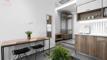 Comfort Studio, City View | Private kitchen | Fridge, microwave, oven, stovetop