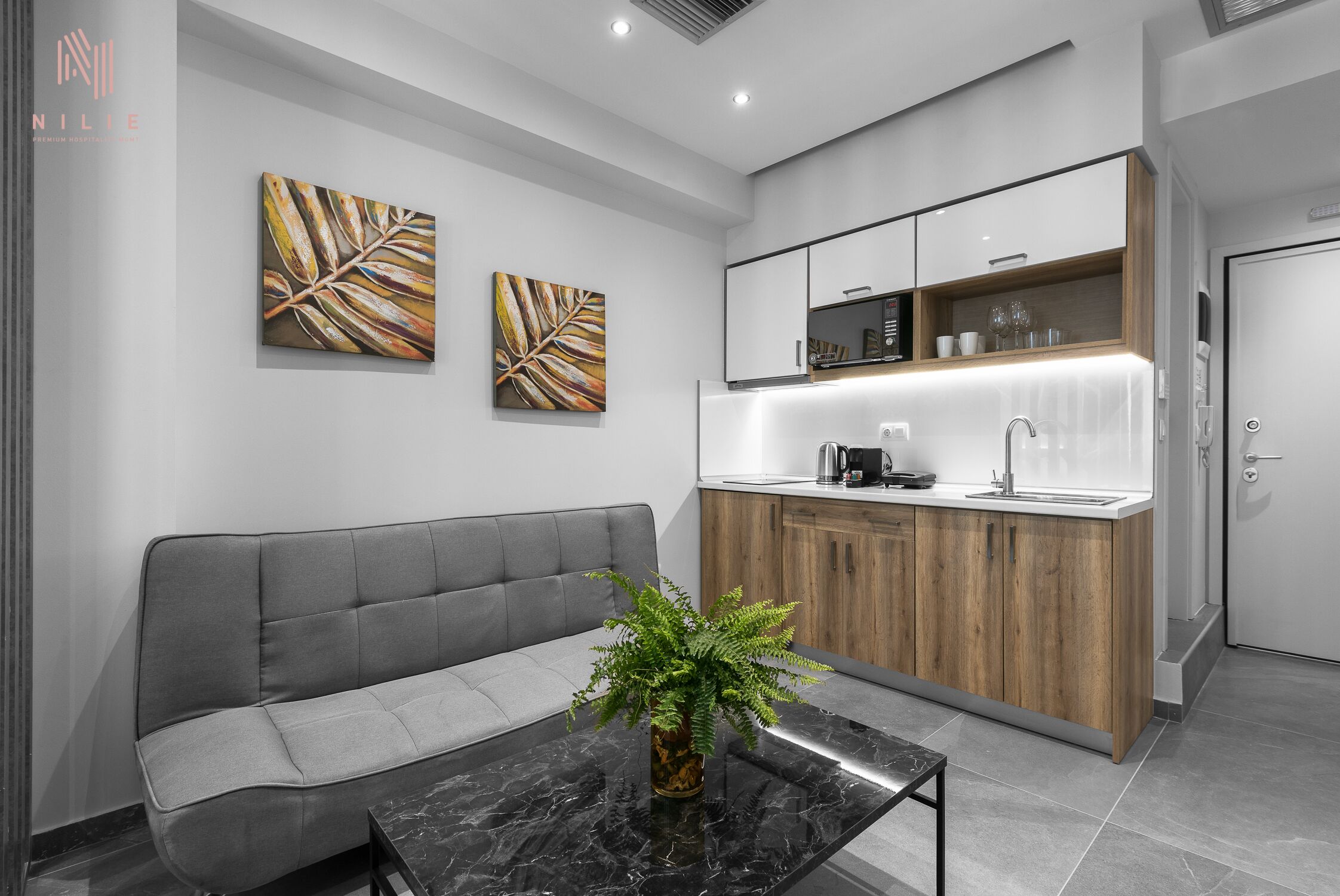 A modern kitchen with a grey sofa, wooden cabinets, and two leaf-patterned wall art pieces.