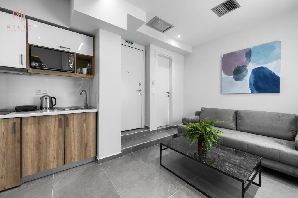 A modern kitchen with wooden cabinets, a built-in microwave, and a coffee maker. There is a gray sofa and a coffee table with a plant.