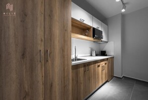 Comfort Studio, City View | Private kitchen | Fridge, microwave, oven, stovetop - Factory Inn Nilie Hospitality MGMT (Thessaloniki)